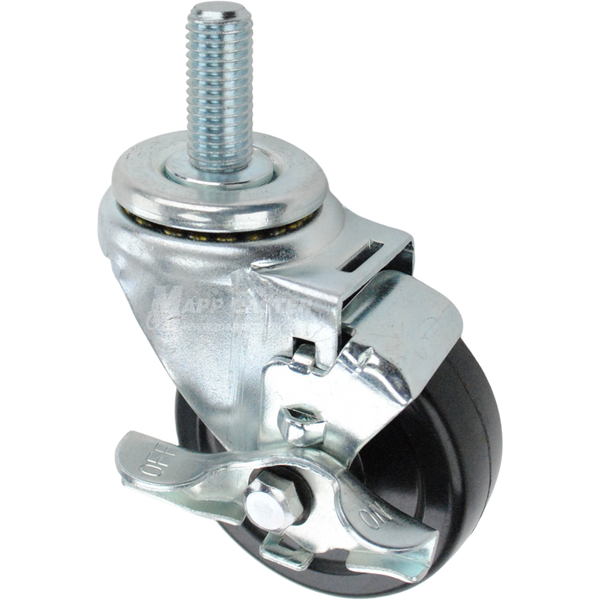 Swivel caster with a top lock brake, a 3.5 inch black hard rubber wheel and 3/4 inch wide threaded metal stem