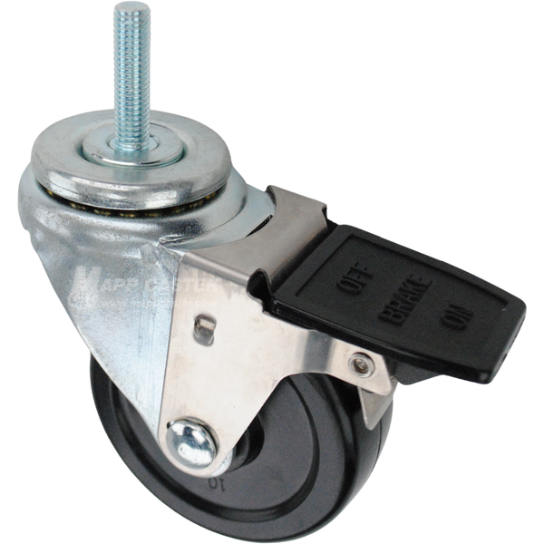 Swivel caster with a face contact brake, a 3.5 inch black hard rubber wheel and 10mm wide threaded metal stem