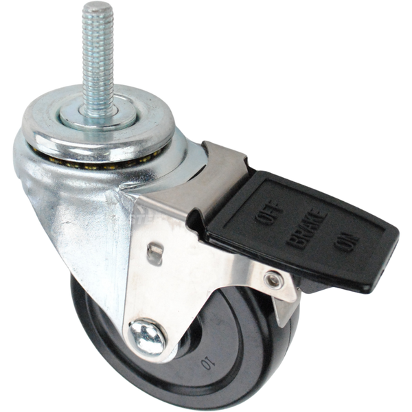 Swivel caster with a face contact brake, a 3.5 inch black hard rubber wheel and 7/16 inch wide threaded metal stem