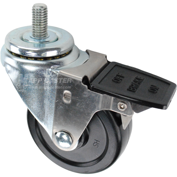 Caster wheel with face contact brake, a 3.5 inch black hard rubber wheel and a 1 inch long, 1/2 inch metal threaded stem