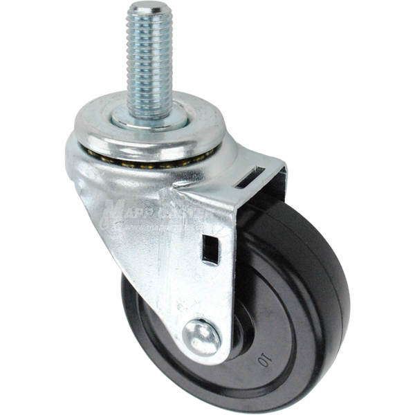 Swivel caster with a 3.5 inch black hard rubber wheel and 3/4 inch wide threaded metal stem