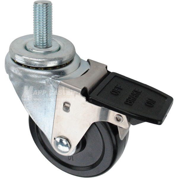 Swivel caster with a face contact brake, a 3.5 inch black hard rubber wheel and 20mm wide threaded metal stem