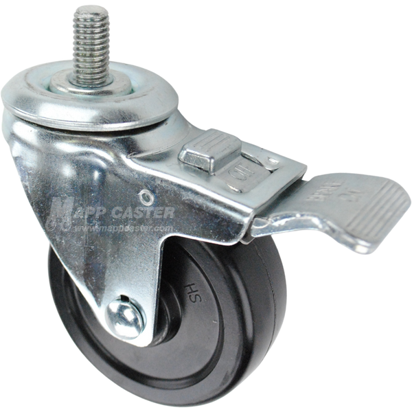 Caster wheel with a total lock brake, a 3.5 inch black hard rubber wheel and a 1 inch long, 1/2 inch metal threaded stem