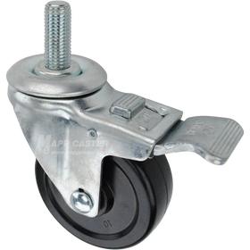 Swivel caster with a total lock brake, a 3.5 inch black hard rubber wheel and 16mm wide threaded metal stem