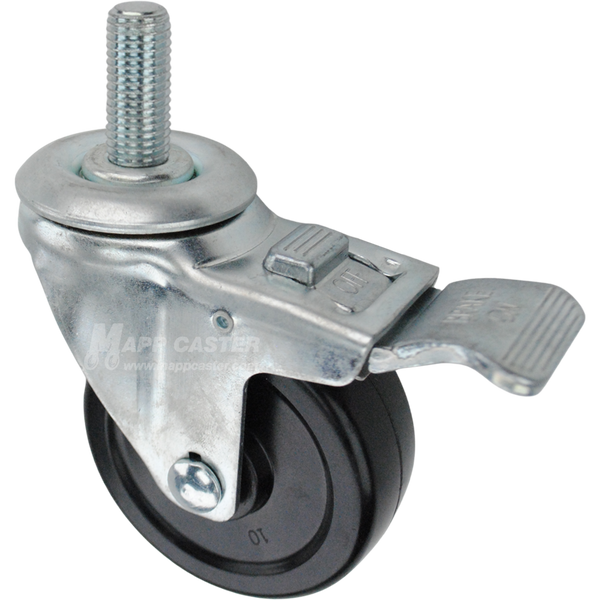 Swivel caster with a total lock brake, a 3.5 inch black hard rubber wheel and 16mm wide threaded metal stem