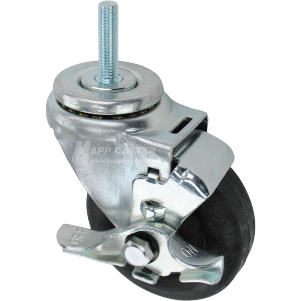 Swivel caster with a top lock brake, a 3.5 inch black nylon wheel and 10mm wide threaded metal stem