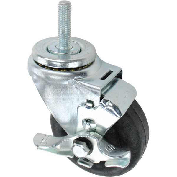 Swivel caster with a top lock brake, a 3.5 inch black nylon wheel and 7/16 inch wide threaded metal stem
