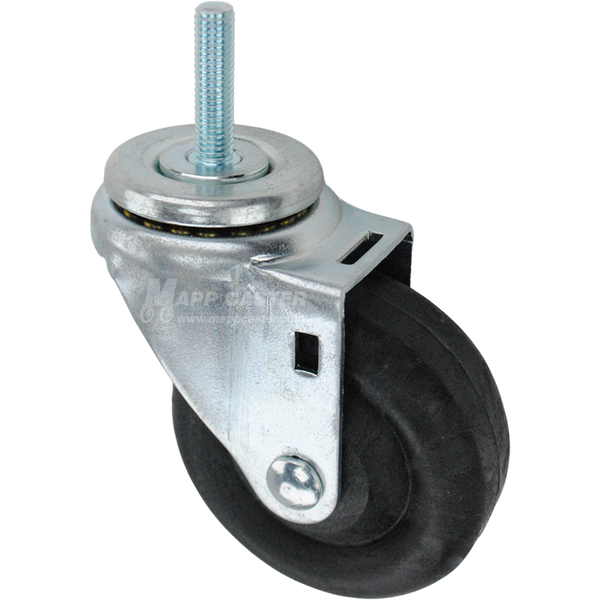 Swivel caster with a 3.5 inch black nylon wheel and 10mm wide threaded metal stem
