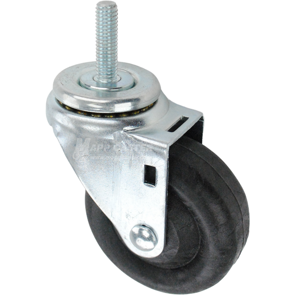 Swivel caster with a 3.5 inch black nylon wheel and 7/16 inch wide threaded metal stem