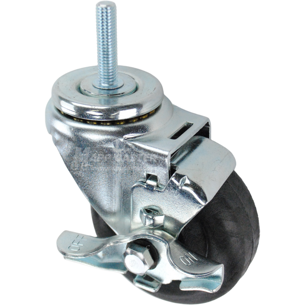 Swivel caster with a top lock brake, a 3.5 inch black nylon wheel and 3/8 inch wide threaded metal stem
