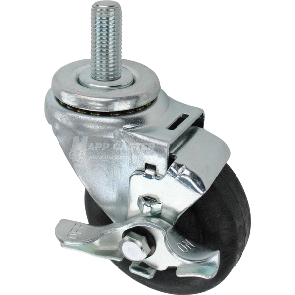 Swivel caster with a top lock brake, a 3.5 inch black nylon wheel and 16mm wide threaded metal stem