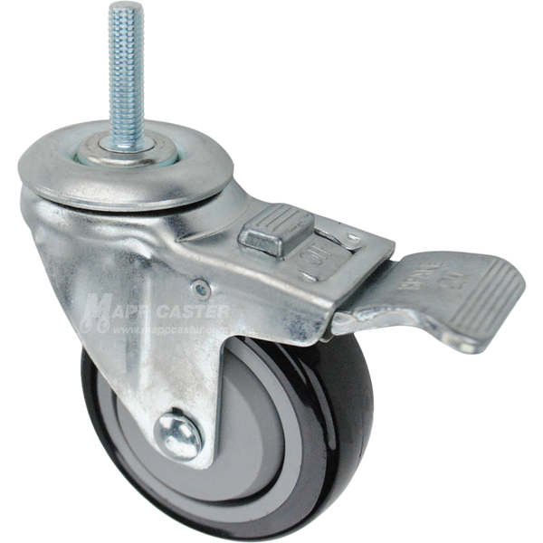 Caster wheel with a total lock brake, a 3.5 inch black polyurethane wheel and 10mm metal threaded stem