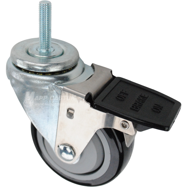 Swivel caster with a face contact brake, a 3.5 inch black polyurethane wheel and 10mm wide threaded metal stem