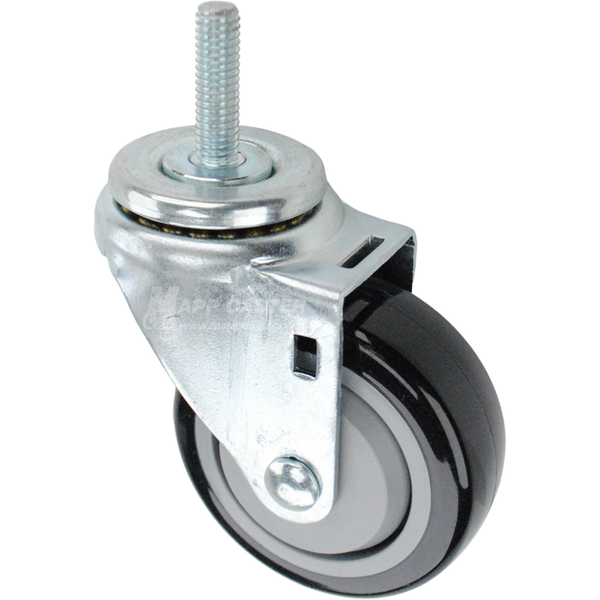 Swivel caster with a 3.5 inch black polyurethane wheel and 7/16 inch wide threaded metal stem