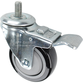 Caster wheel with a total lock brake, a 3.5 inch black polyurethane wheel and a 1 inch long, 1/2 inch metal threaded stem