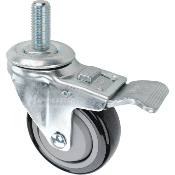 Caster wheel with a total lock brake, a 3.5 inch black polyurethane wheel and 3/4 inch metal threaded stem