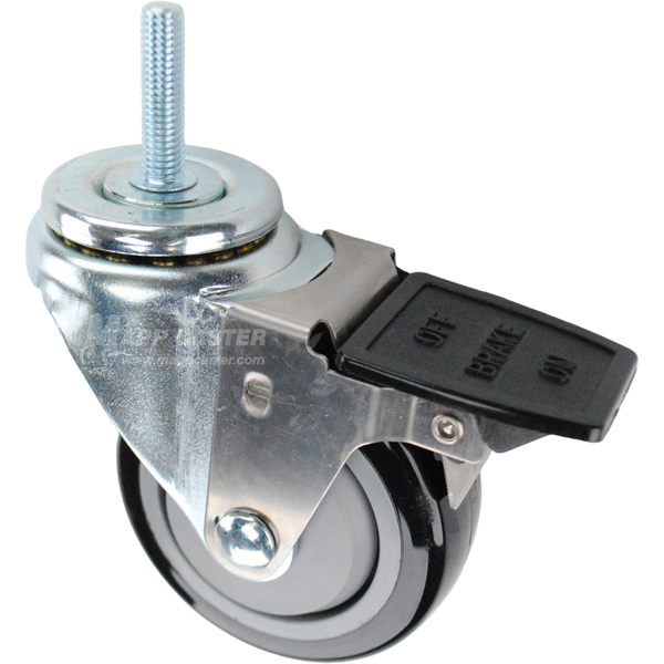 Swivel caster with a face contact brake, a 3.5 inch black polyurethane wheel and 3/8 inch wide threaded metal stem