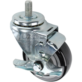 Swivel caster with a top lock brake, a 3.5 inch black polyurethane wheel and a 1 inch long, 1/2 inch wide threaded metal stem