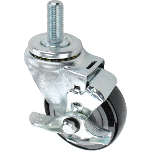 Swivel caster with a top lock brake, a 3.5 inch black polyurethane wheel and 3/4 inch wide threaded metal stem