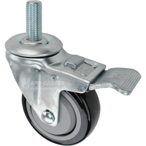 Caster wheel with a total lock brake, a 3.5 inch black polyurethane wheel and 20mm metal threaded stem