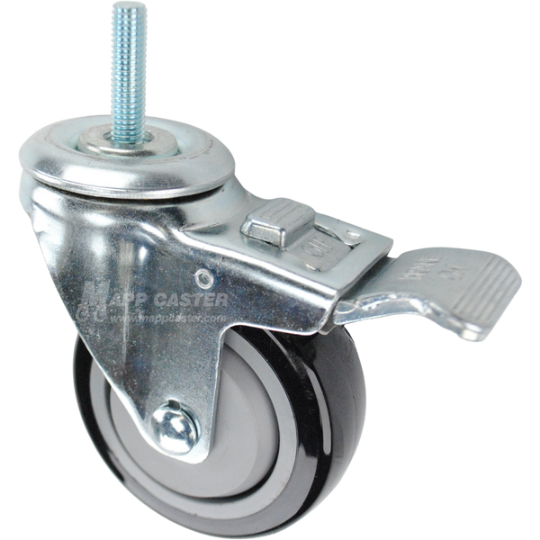 Caster wheel with a total lock brake, a 3.5 inch black polyurethane wheel and 3/8 inch metal threaded stem