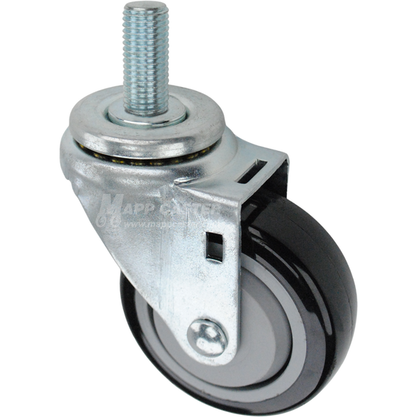 Swivel caster with a 3.5 inch black polyurethane wheel and 20mm wide threaded metal stem