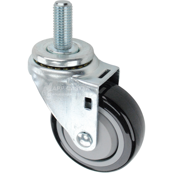 Swivel caster with a 3.5 inch black polyurethane wheel and 3/4 inch wide threaded metal stem