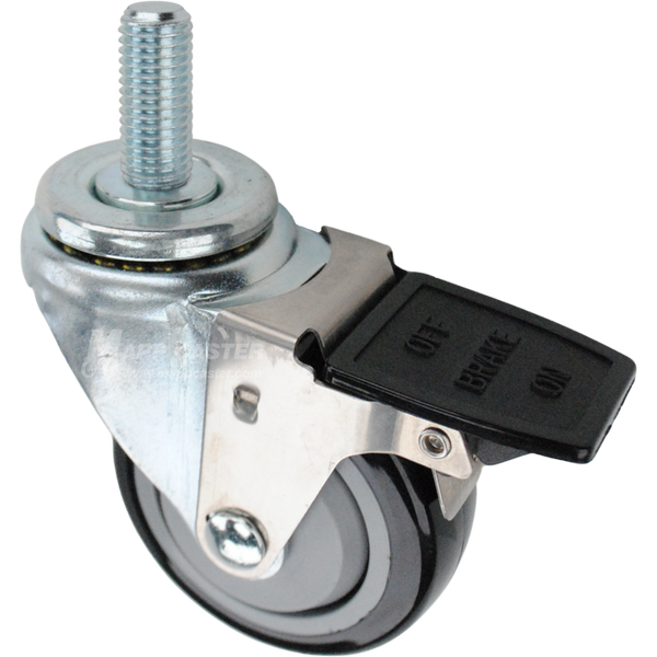 Swivel caster with a face contact brake, a 3.5 inch black polyurethane wheel and 3/4 inch wide threaded metal stem