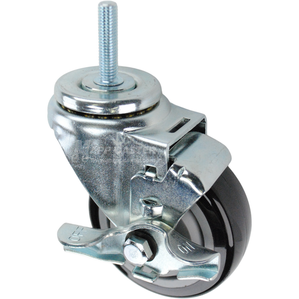 Swivel caster with a top lock brake, a 3.5 inch black polyurethane wheel and 3/8 inch wide threaded metal stem