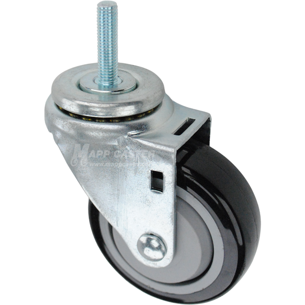 Swivel caster with a 3.5 inch black polyurethane wheel and 10mm wide threaded metal stem
