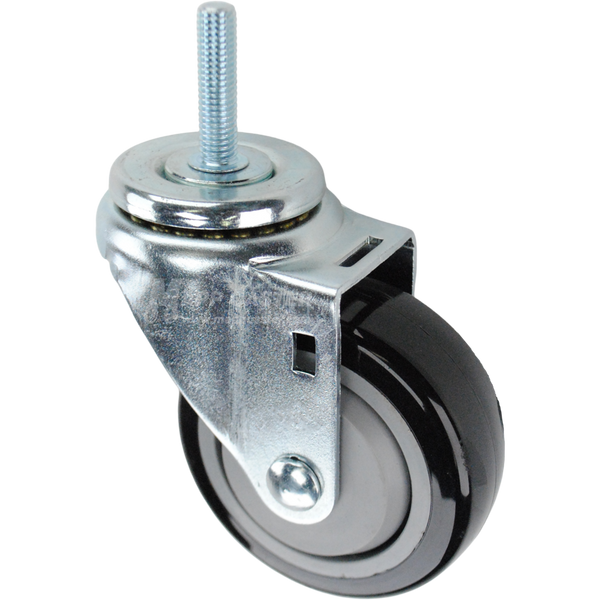 Swivel caster with a 3.5 inch black polyurethane wheel and 3/8 inch wide threaded metal stem