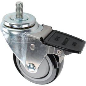 Swivel caster with a face contact brake, a 3.5 inch black polyurethane wheel and a 1 inch long, 1/2 inch wide threaded metal stem