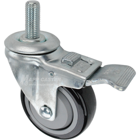 Caster wheel with a total lock brake, a 3.5 inch black polyurethane wheel and 16mm metal threaded stem