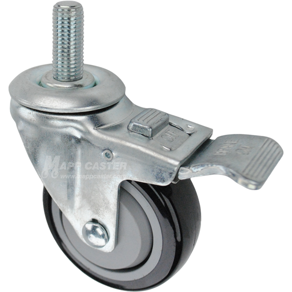 Caster wheel with a total lock brake, a 3.5 inch black polyurethane wheel and 16mm metal threaded stem