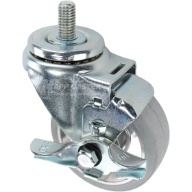Swivel caster with a top lock brake, a 3.5 inch grey rubber on aluminum wheel and a 1 inch long, 1/2 inch wide threaded metal stem