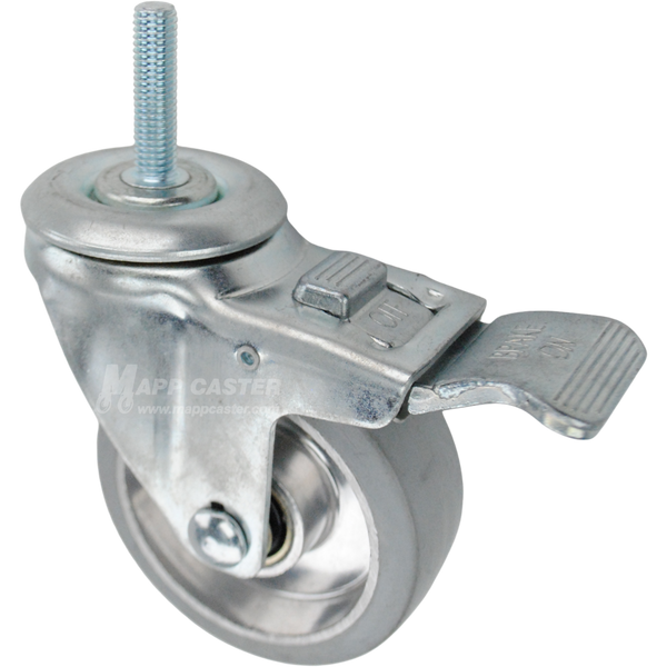 Swivel caster with a face contact brake, a 3.5 inch grey rubber on aluminum wheel and 10mm wide threaded metal stem