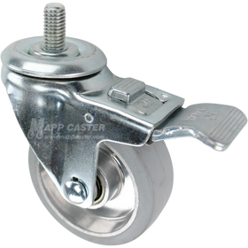 Swivel caster with a face contact brake, a 3.5 inch grey rubber on aluminum wheel and a 1 inch long, 1/2 inch wide threaded metal stem