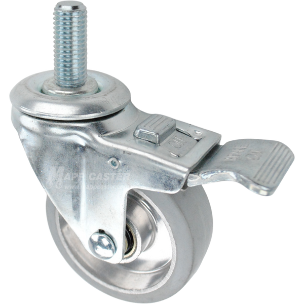 Swivel caster with a face contact brake, a 3.5 inch grey rubber on aluminum wheel and 3/4 inch wide threaded metal stem