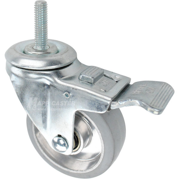 Swivel caster with a total lock brake, a 3.5 inch grey rubber on aluminum wheel and 7/16 inch wide threaded metal stem