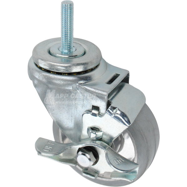 Swivel caster with a top lock brake, a 3.5 inch grey rubber on aluminum wheel and 10mm wide threaded metal stem