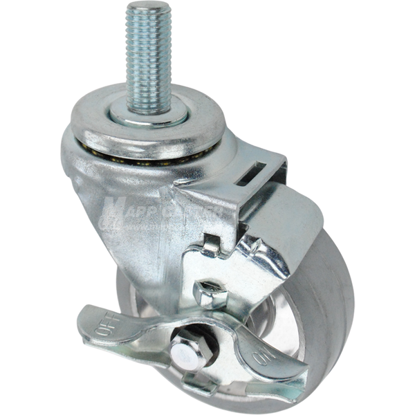 Swivel caster with a top lock brake, a 3.5 inch grey rubber on aluminum wheel and 20mm wide threaded metal stem