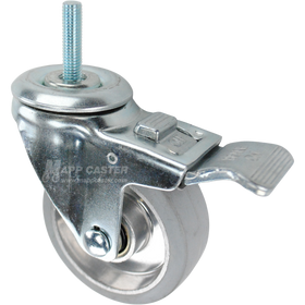 Swivel caster with a total lock brake, a 3.5 inch grey rubber on aluminum wheel and 3/8 inch wide threaded metal stem