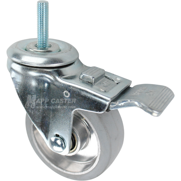 Swivel caster with a total lock brake, a 3.5 inch grey rubber on aluminum wheel and 3/8 inch wide threaded metal stem