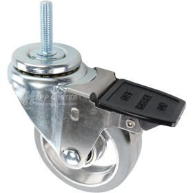 Swivel caster with a face contact brake, a 3.5 inch grey rubber on aluminum wheel and 3/8 inch wide threaded metal stem