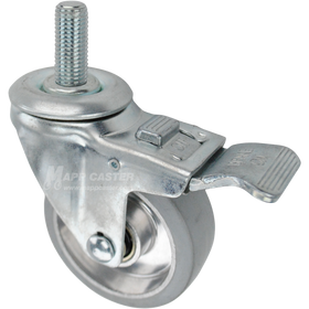 Swivel caster with a face contact brake, a 3.5 inch grey rubber on aluminum wheel and 16mm wide threaded metal stem