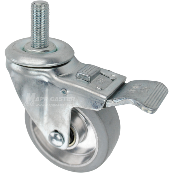 Swivel caster with a face contact brake, a 3.5 inch grey rubber on aluminum wheel and 16mm wide threaded metal stem