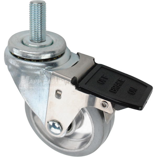 Swivel caster with a face contact brake, a 3.5 inch grey rubber on aluminum wheel and 20mm wide threaded metal stem