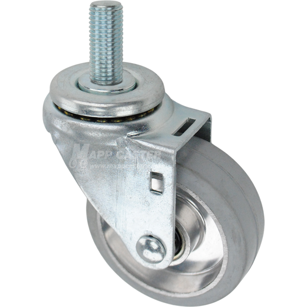 Swivel caster with a 3.5 inch grey rubber on aluminum wheel and 20mm wide threaded metal stem