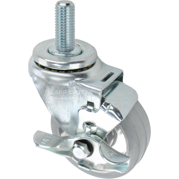 Swivel caster with a top lock brake, a 3.5 inch grey rubber on aluminum wheel and 3/4 inch wide threaded metal stem