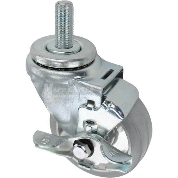 Swivel caster with a top lock brake, a 3.5 inch grey rubber on aluminum wheel and 16mm wide threaded metal stem